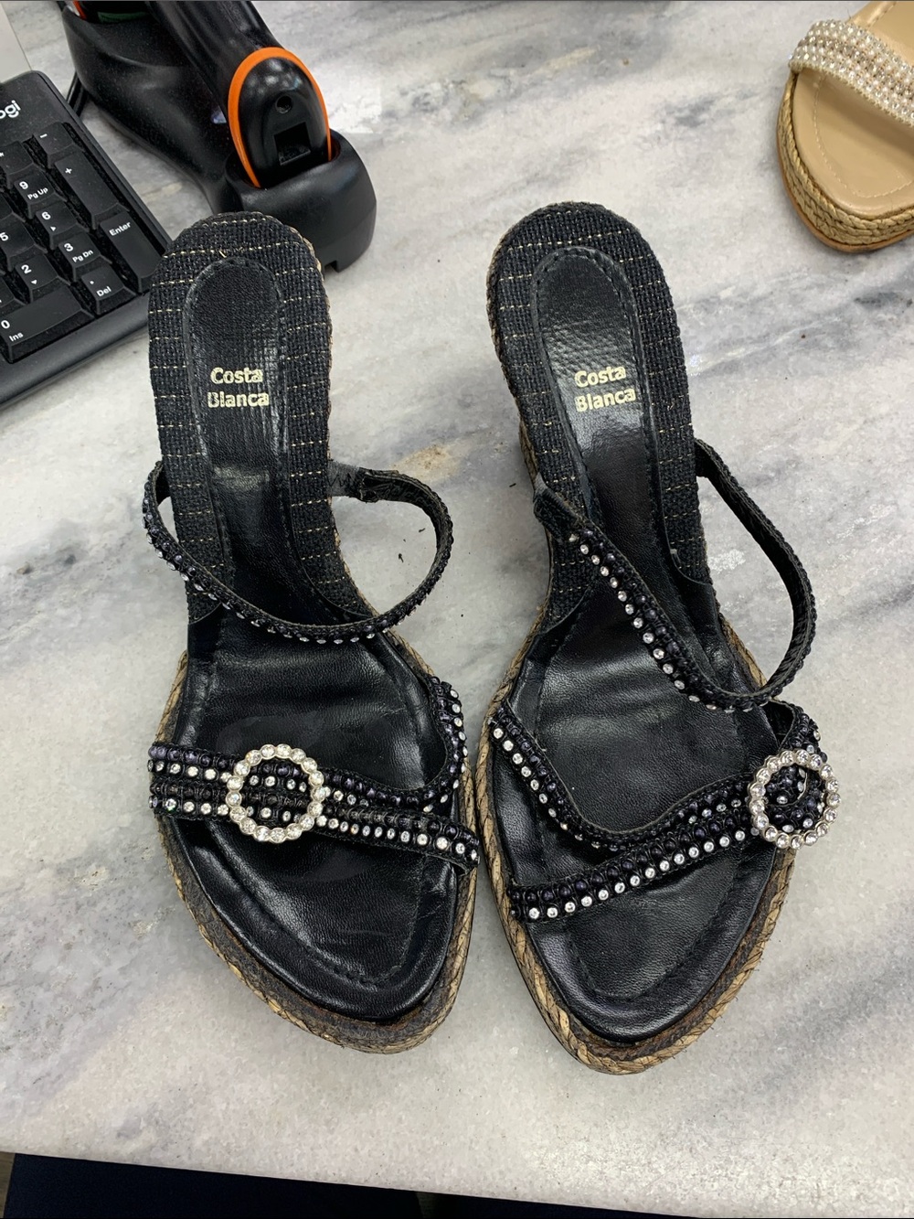 Costa Blanca Black Rhinestone Espadrille Wedge Sandals